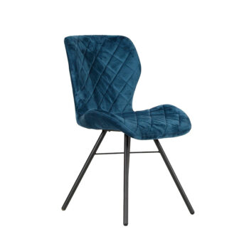 Silla de terciopelo azul Filadelfia con respaldo curvo y patas metálicas negras