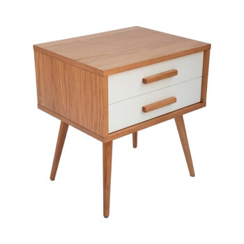 Velador Friburgo estilo escandinavo en MDF color roble con cajones blancos y patas de madera