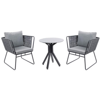 Set de terraza Maceio con dos sillas de ratán gris oscuro y mesa redonda