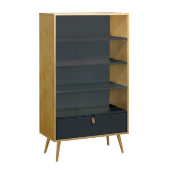 Vitrina Lugano en madera roble y gris con repisas abiertas y cajón inferior