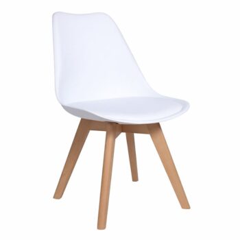 Silla Tulip Acolchada Blanca con asiento de polipropileno y patas de madera