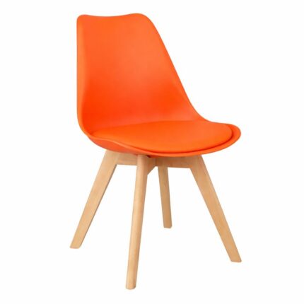 Silla Eames Tulip Naranja con asiento acolchado y patas de madera