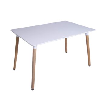 Mesa Eames blanca de comedor rectangular con cubierta MDF y patas de madera