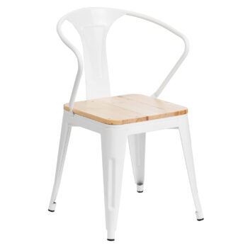 Silla Tolix blanca con apoyabrazos y asiento de madera