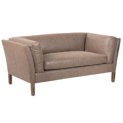 Sofá Mei Mediano tapizado en eco cuero café con estructura de madera