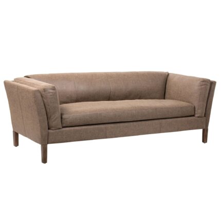 Sofá Mei Grande de eco cuero café con patas de madera de fresno