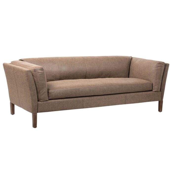 Sofá Mei Grande de eco cuero café con patas de madera de fresno