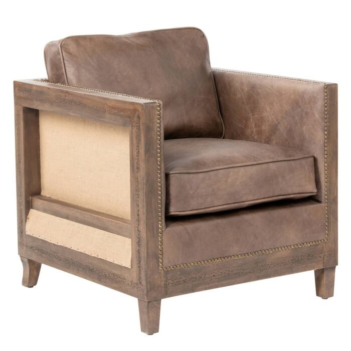 Sillón Taroko de cuero café con estructura de roble y costados de arpillera