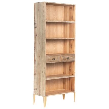 Librero Terney de madera de olmo y abeto con estructura alta, cajones y patas doradas