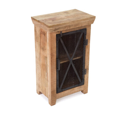 Velador Mita de madera de mango y acero negro con puerta tipo rejilla estilo industrial