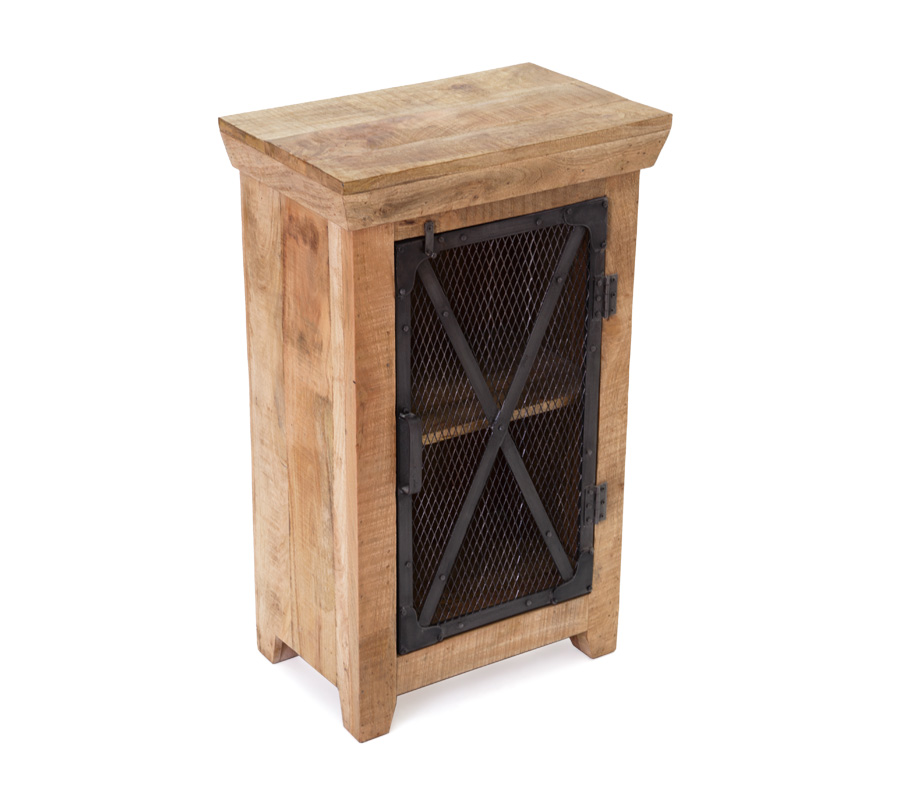 Velador Mita de madera de mango y acero negro con puerta tipo rejilla estilo industrial