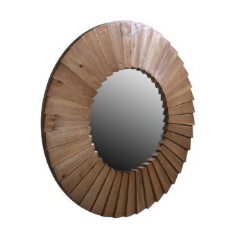 Espejo Antu redondo con marco de madera de abeto tallado en tono café