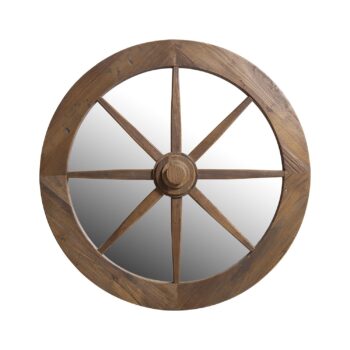 Espejo CAO redondo de madera de olmo café con diseño tipo rueda