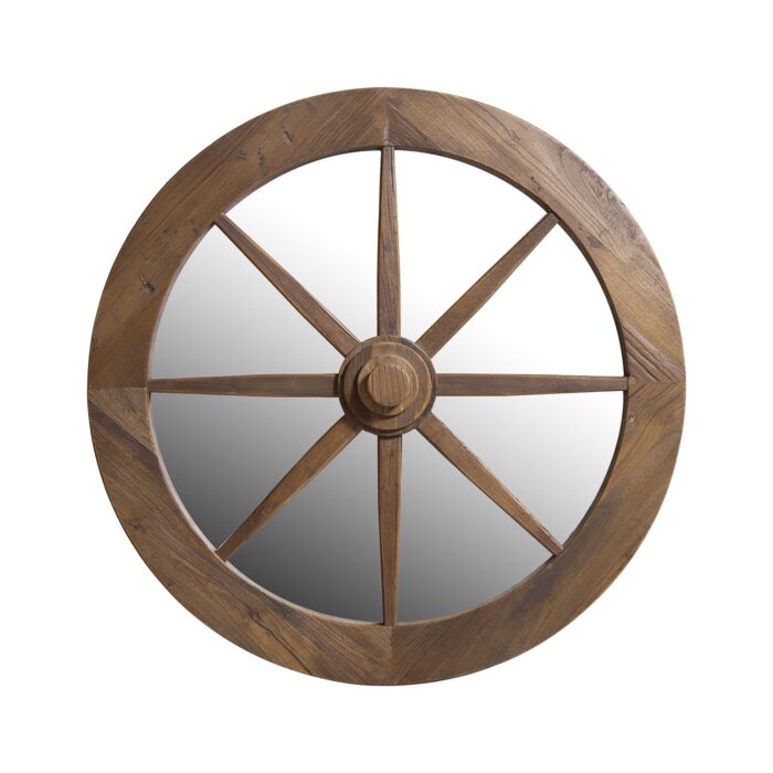 Espejo CAO redondo de madera de olmo café con diseño tipo rueda