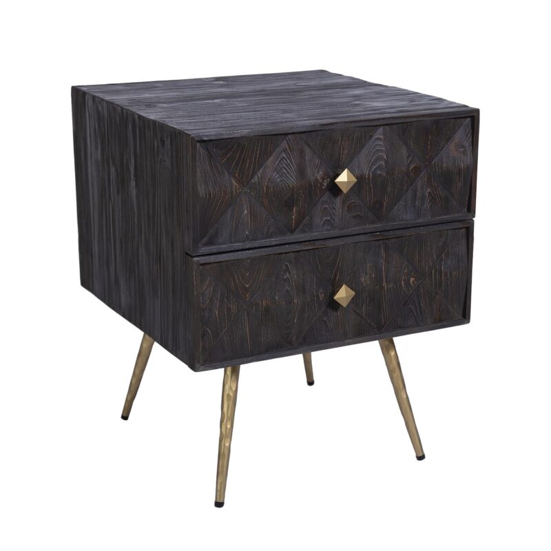 Velador Bulgan de madera color carbón con cajones tallados y patas doradas de acero
