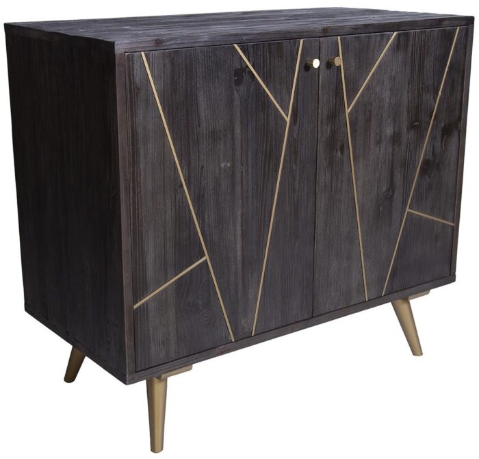 Cómoda Mong de madera carbón con detalles dorados y patas metálicas