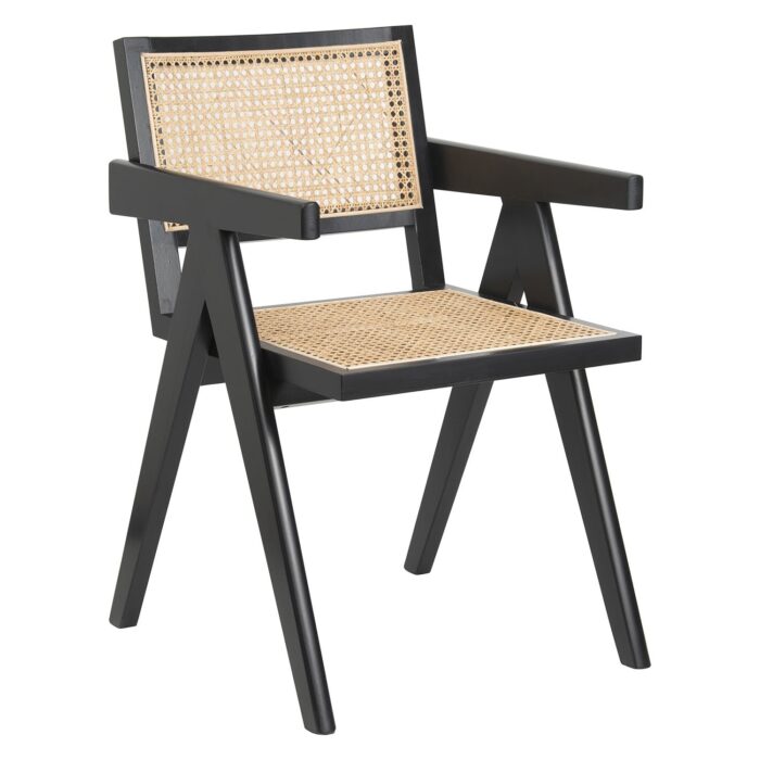 Silla Pierre Jeanneret de madera negra con asiento y respaldo de ratán natural