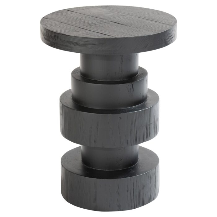 Mesa lateral Tainan de madera de pino color negro con forma cilíndrica escalonada