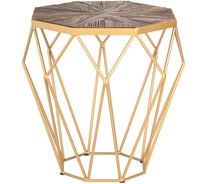 Mesa lateral Joel con base dorada de acero y cubierta de madera de olmo