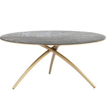 Mesa de centro Parda con cubierta café envejecido y base metálica dorada curva