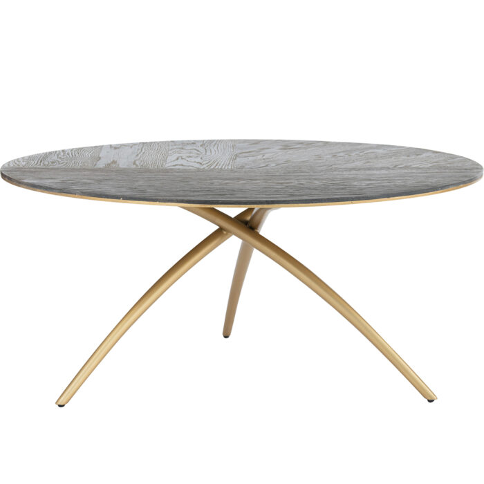 Mesa de centro Parda con cubierta café envejecido y base metálica dorada curva