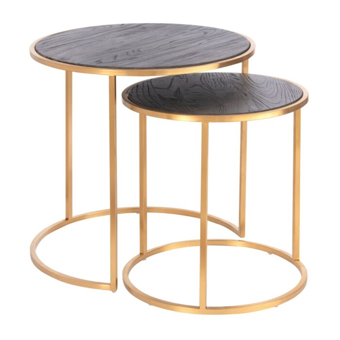 Set 2 mesas laterales Kain con estructura dorada y cubierta de madera de olmo