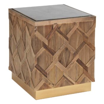 Mesa lateral Petra con cubierta de mármol negro, base dorada y estructura de madera tallada