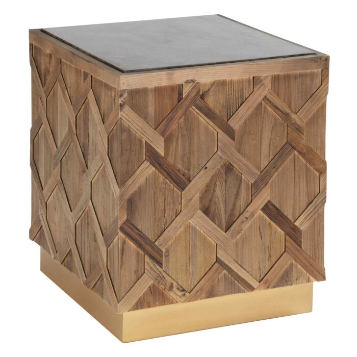 Mesa lateral Petra con cubierta de mármol negro, base dorada y estructura de madera tallada
