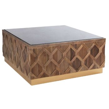 Mesa de centro Gurun cuadrada con cubierta de mármol, base de madera y detalles en acero dorado