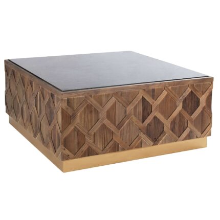 Mesa de centro Gurun cuadrada con cubierta de mármol, base de madera y detalles en acero dorado