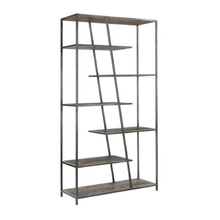 Vitrina Statu de madera de olmo y estructura metálica negra con repisas inclinadas, estilo industrial