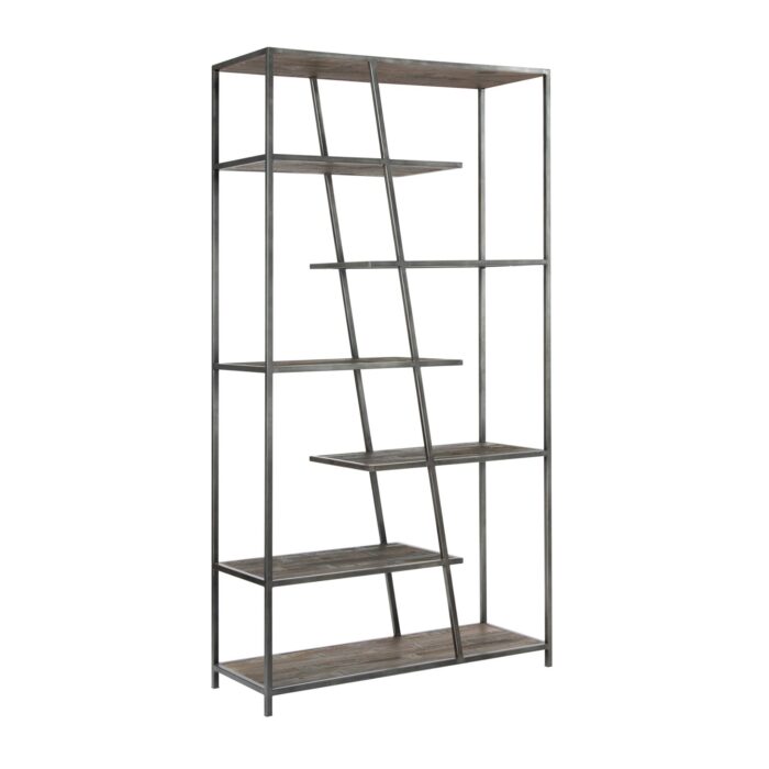 Vitrina Statu de madera de olmo y estructura metálica negra con repisas inclinadas, estilo industrial