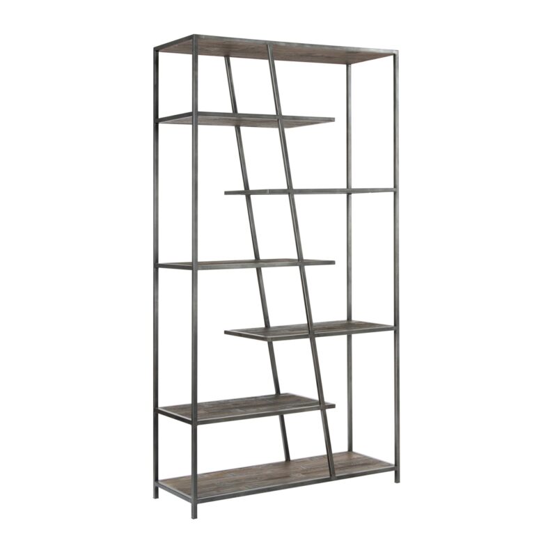 Vitrina Statu de madera de olmo y estructura metálica negra con repisas inclinadas, estilo industrial