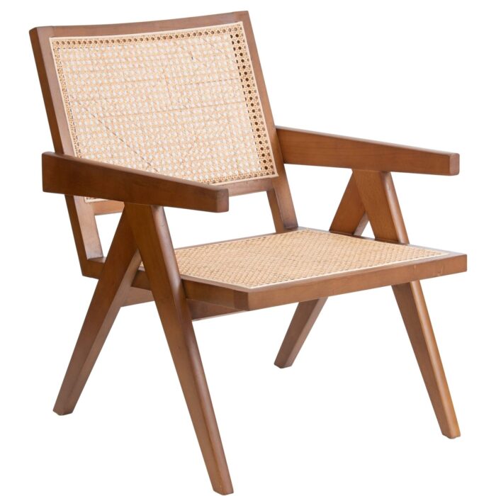 Sitial Futra con apoya brazos de madera café y asiento de ratán natural