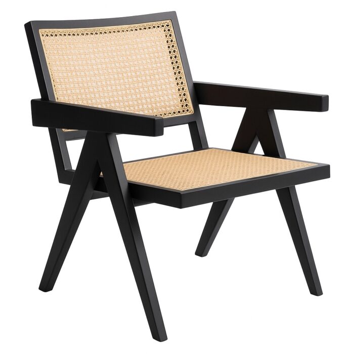 Sitial Futra con Brazos Negro de madera y respaldo de ratán natural