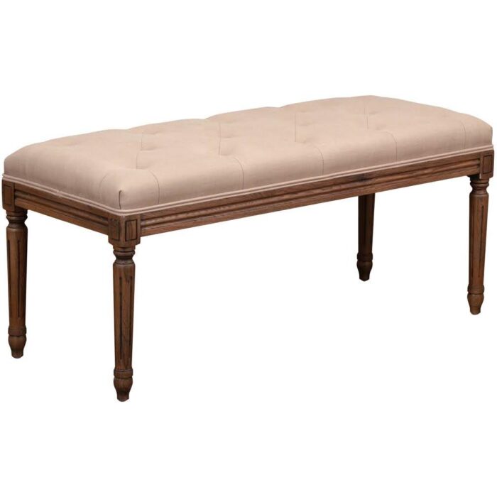 Banca Assam de madera de roble con asiento acolchado de tela gris